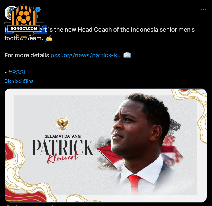 LĐBĐ Indonesia công bố tân HLV trưởng Patrick Kluivert (Ảnh: Chụp màn hình)